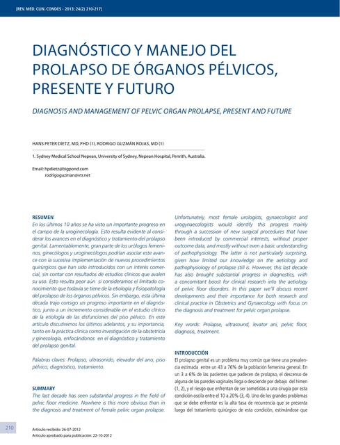 Diagnóstico y Manejo del Prolapso de Órganos Pélvicos, Presente y Futuro 