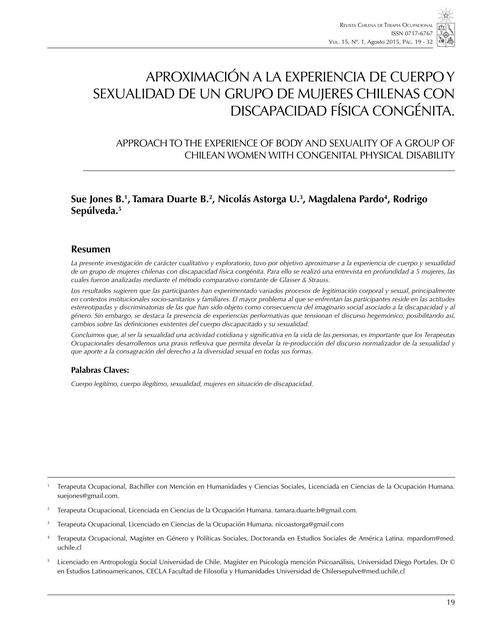 Aproximación a la Experiencia de Cuerpo y Sexualidad en un Grupo de Mujeres Chilenas con Discapacidad Física Cognitiva 