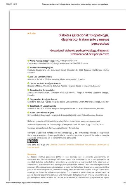 Diabetes Gestacional: Fisiopatología, Diagnóstico, Tratamiento y Nuevas Perspectivas