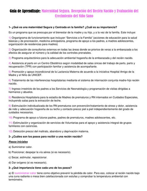 Maternidad Segura. Recepción del Recién Nacido y Evaluación del Crecimiento del Niño Sano