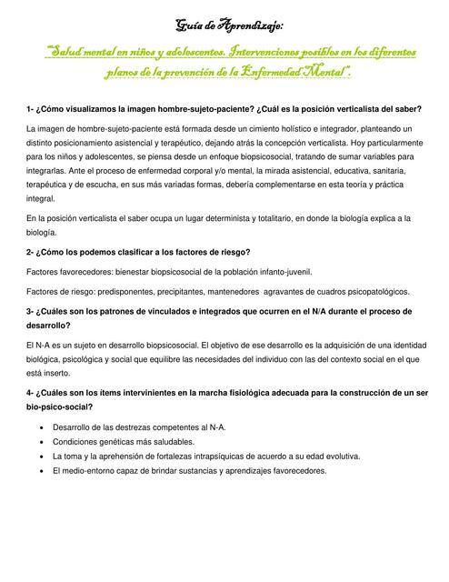 Salud Mental en Niños y Adolescentes. Intervenciones Posibles en los Diferentes Planos de la Prevención de la Enfermedad Mental