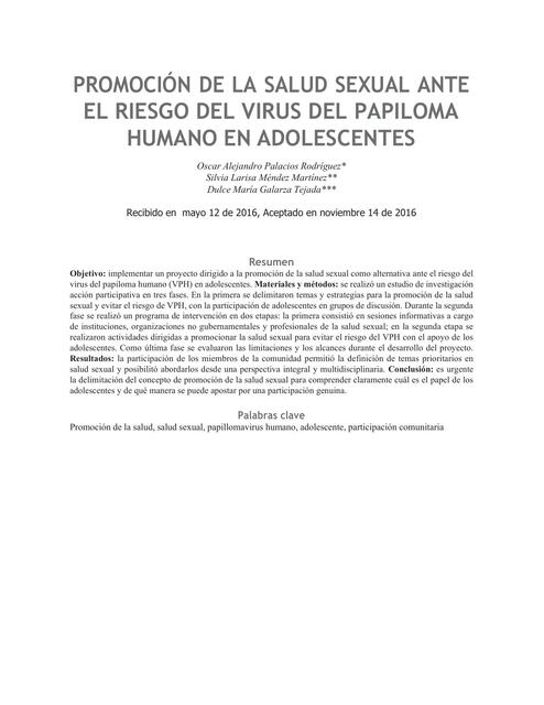 Promoción De La Salud Sexual Ante El Riesgo Del Virus Del Papiloma