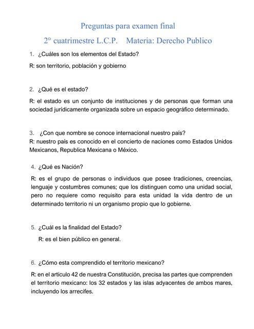 Cuestionario de Derecho Publico 2 cuatrimestre