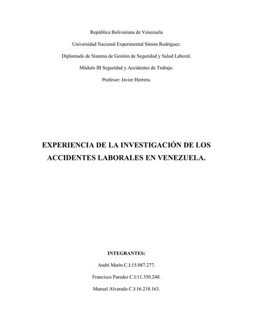 Experiencia de la Investigación de los Accidentes Laborales en Venezuela