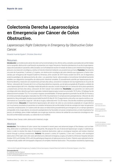 Colectomía Derecha Laparoscópica en Emergencia por Cáncer de Colon Obstructivo