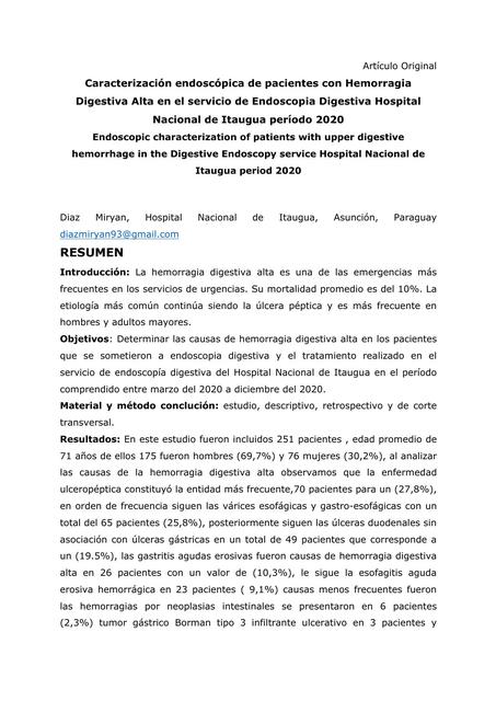 Caracterización endoscópica de pacientes con Hemorragia Digestiva Alta en el servicio de Endoscopia Digestiva Hospital Nacional de Itaugua período 2020