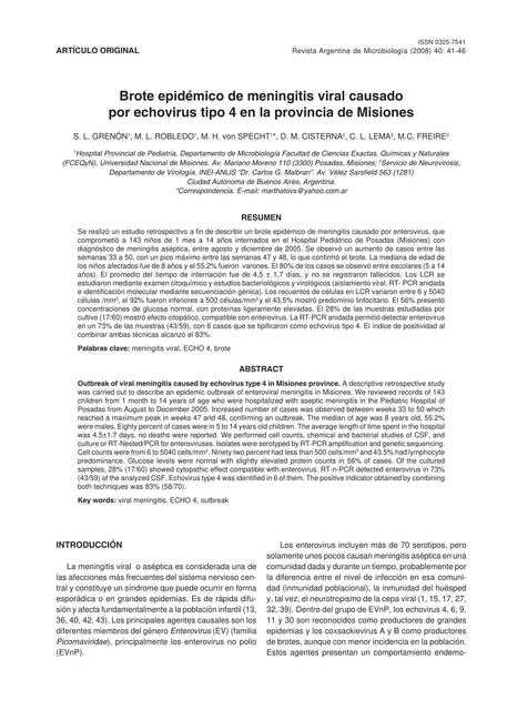 Brote Epidémico de Meningitis Viral Causado por Echovirus Tipo 4 en la Provincia de Misiones