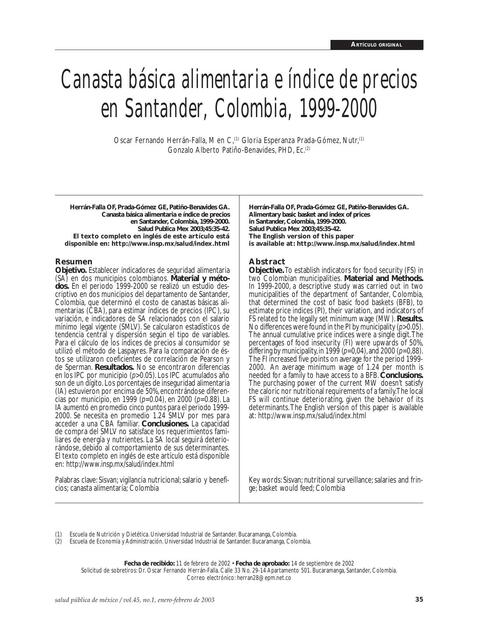 Canasta Básica Alimentaria e Índice de Precios en Santander Colombia