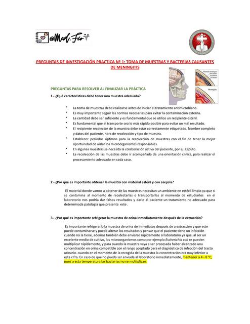 Obtención muestras y bacterias causantes de meningitis