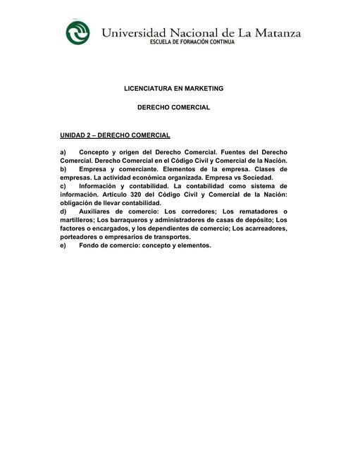 Derecho comercial Unidad 2 (auxiliares de comercio, fondo de comercio, empresa, etc)