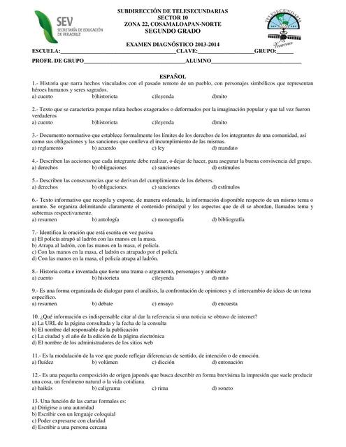 Examen Diagnóstico de Español, Matemáticas, Ciencias y Geografía 