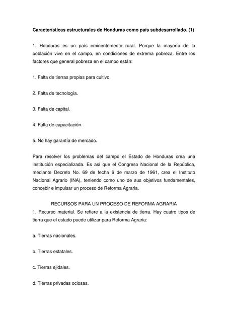 Características estructurales de Honduras como país subdesarrollado