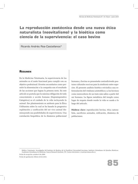 La reproducción zootécnica desde una nueva ética naturalista (neovitalismo) y la bioética como ciencia de la supervivencia. El caso bovino