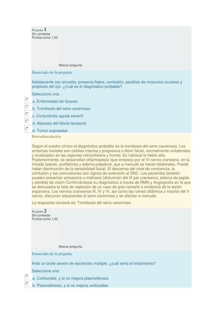 Examen y respuestas de neurología 