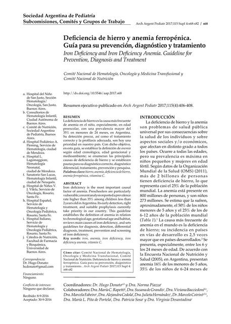 Deciencia de hierro y anemia ferropénica.  Guía para su prevención, diagnóstico y tratamiento 