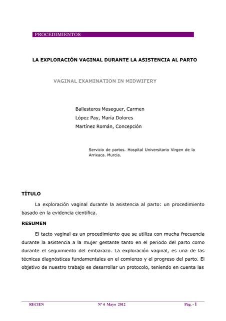 La Exploración Vaginal Durante la Asistencia al Parto