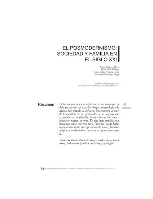 El posmodernismo sociedad y familia en el siglo XXI