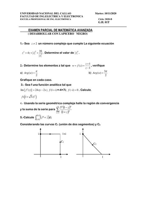 Examen parcial pdf de matemática avanzada eléctrica BUNAC  01T