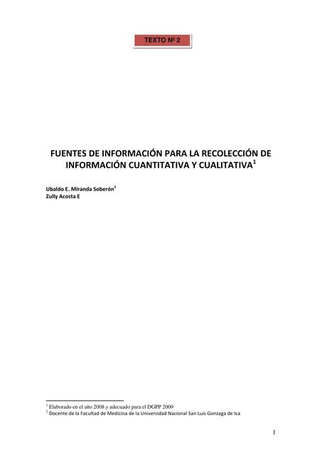 Fuentes de información para la recolección de información cuantitativa y cualitativa