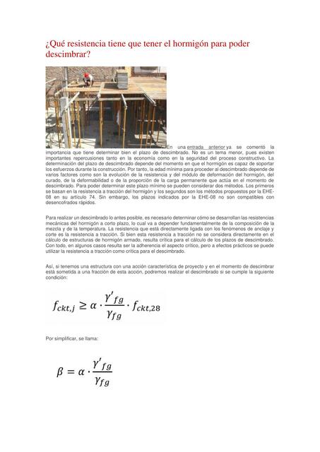 Qué resistencia tiene que tener el hormigón para poder descimbrar