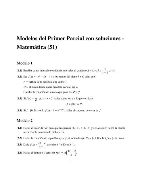 Modelos del primer parcial con soluciones- matemáticas