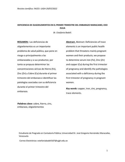 Deficiencia de oligoelementos en el primer trimestre del embarazo Maracaibo, Edo Zulia  