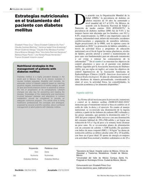 Estrategias Nutricionales en el Tratamiento del Paciente con Diabetes Mellitus