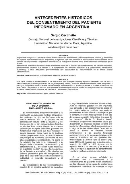 Antecedentes históricos del consentimiento del paciente informado en Argentina