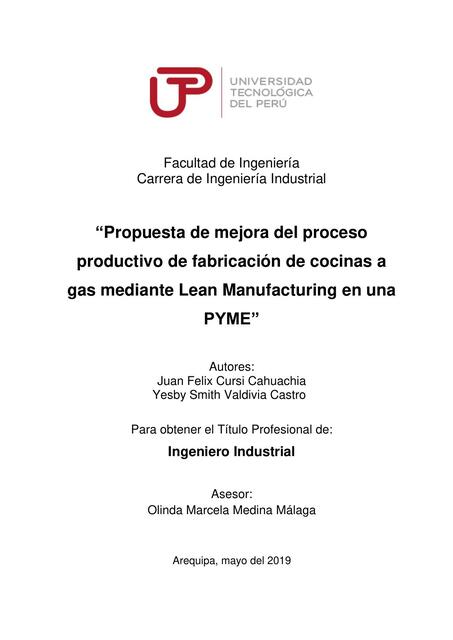 Propuesta de Mejora del Proceso Productivo de Fabricación de Cocinas a Gas Mediante Lean Manufacturing en una PYME