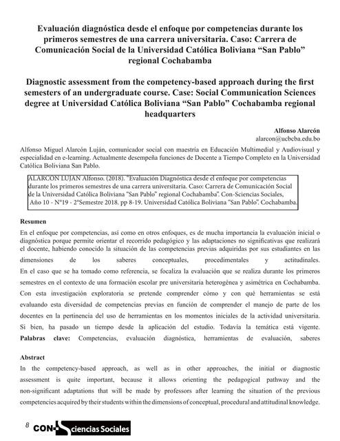 Evaluación diagnóstica desde el enfoque por competencias durante los primeros semestres de una carrera universitaria. Caso: Carrera de Comunicación Social de la Universidad Católica Boliviana “San Pablo” regional Cochabamba