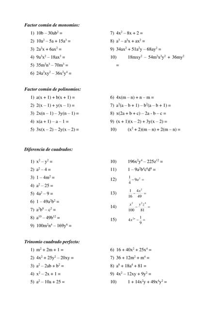 Ejercicios de Factorización