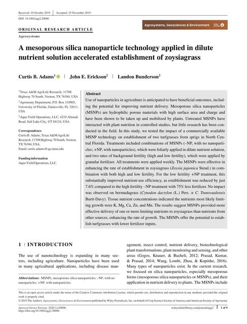 A mesoporous silica nanoparticle technology applied in dilutenutrient solution accelerated establishment of zoysiagrass