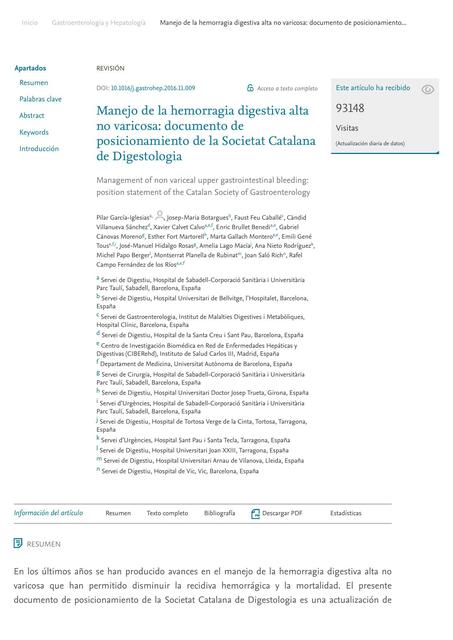 Manejo de la hemorragia digestiva alta no varicosa: documento de posicionamiento de la Societat Catalana de Digestología