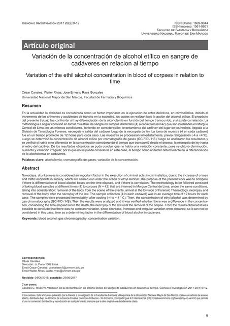 Variación de la Concentración de Alcohol Etílico en Sangre de Cadáveres en Relación al Tiempo 