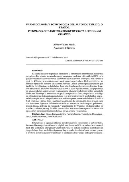 Farmacología y Toxicología del Alcohol Etílico, o Etanol 