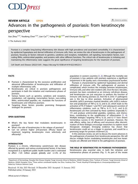 Advances in the pathogenesis of psoriasis from keratinocyte perspective