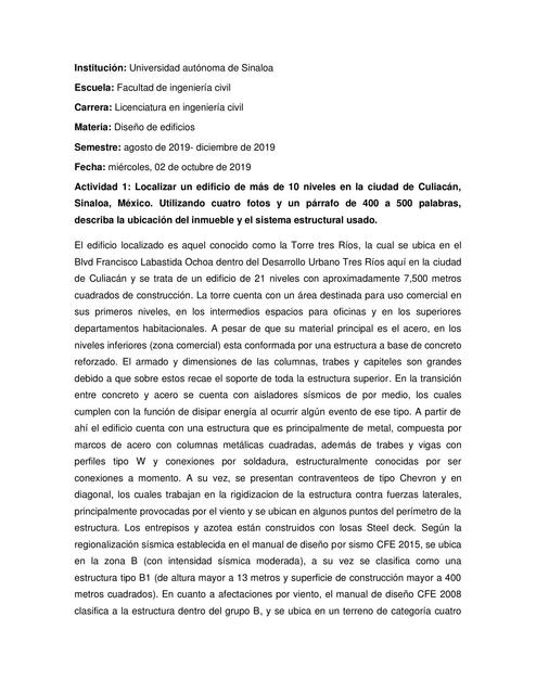 TAREA 1 Diseño de Edificios Localizar un edificio de más de 10 niveles en la ciudad de Culiacán