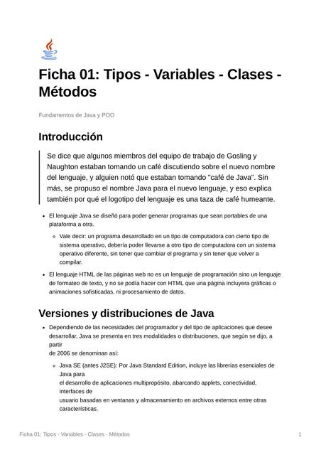 TSB (Tecnologías de Software Base) - Ficha 01:  Tipos Variables Clases Métodos