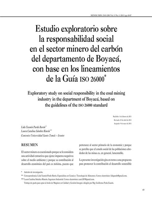 Estudio exploratorio sobre  la responsabilidad social  en el sector minero del carbón  del departamento de Boyacá,  con base en los lineamientos  de la Guía ISO 26000