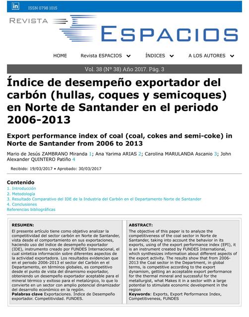 Índice de desempeño exportador delcarbón (hullas, coques y semicoques)en Norte de Santander en el periodo2006-2013