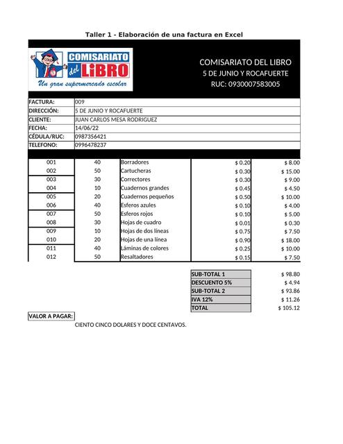 Taller 1 - Elaboración de una factura en Excel 1 1