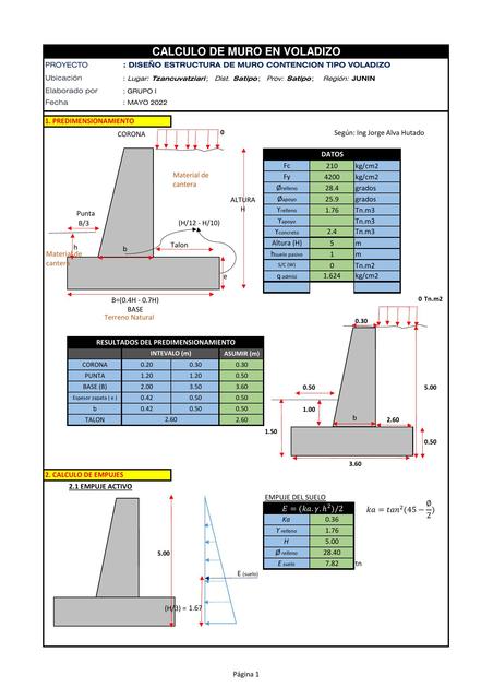 Cálculo de muro en voladizo, memoria descriptiva, estudios para muro tipo voladizo