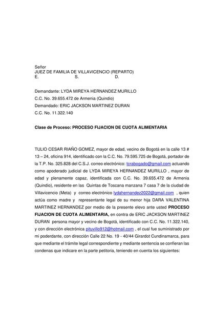 Clase de Proceso: Proceso Fijación de Cuota Alimentaria 