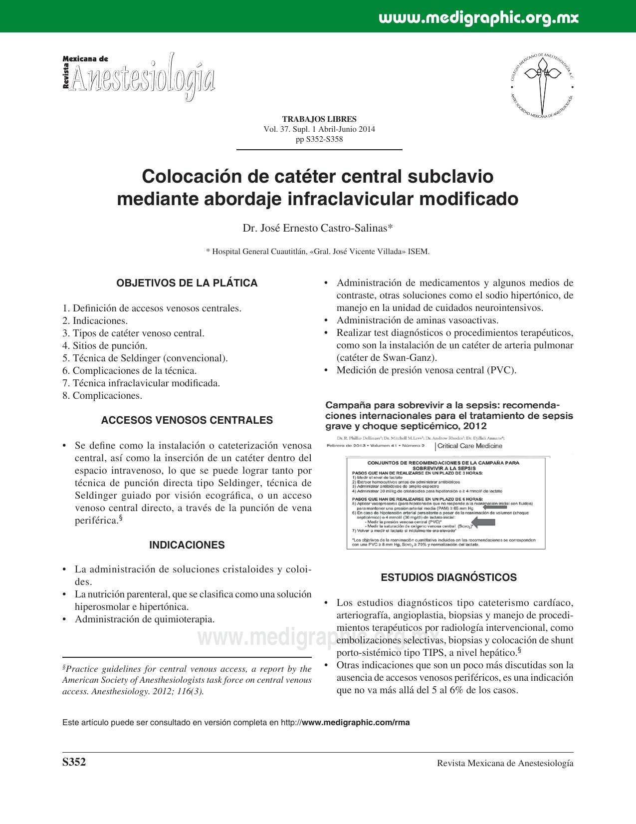 Colocación de Catéter Central Subclavio Mediante Abordaje Infraclavicular Modiﬁcado