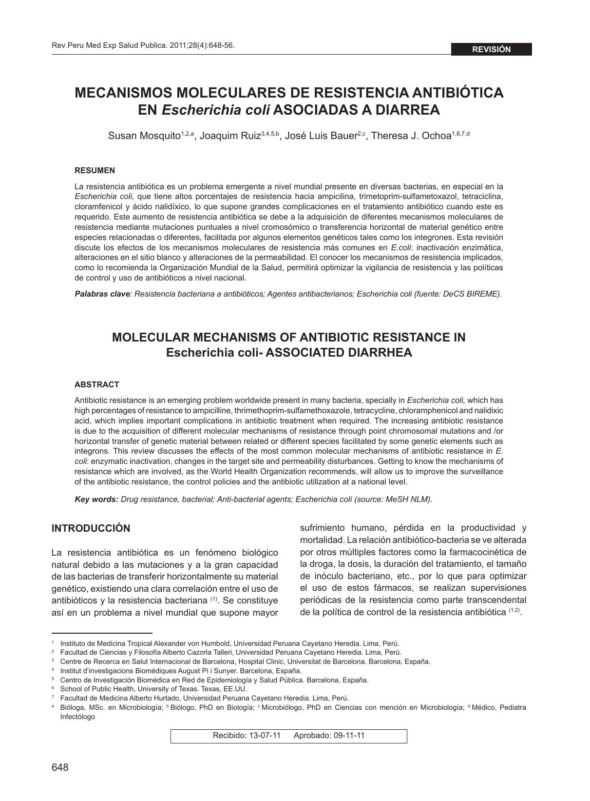 Mecanismos Moleculares de Resistencia Antibiótica en Escherichia Coli Asociadas a Diarrea 