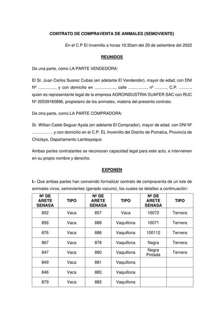 Contrato De Compra Venta De Animales Efrain Osmar Vasquez Ayala Udocz