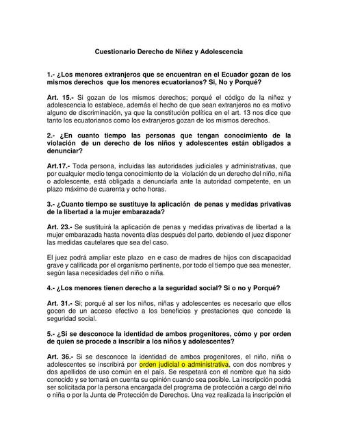 Cuestionario Derecho de Niñez y Adolescencia 