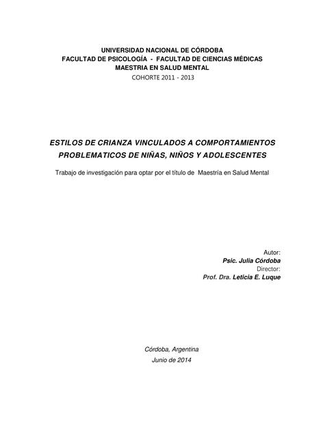 Estilos de Crianza Vinculados a Comportamientos Problemáticos de Niñas, Niños y Adolescentes