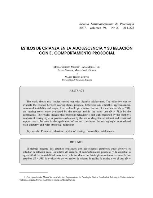 Estilos de Crianza en la Adolescencia y su Relación con el Comportamiento Prosocial 