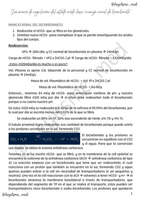 Seminario de Regulación del Estado Ácido- Base: Manejo Renal de Bicarbonato 